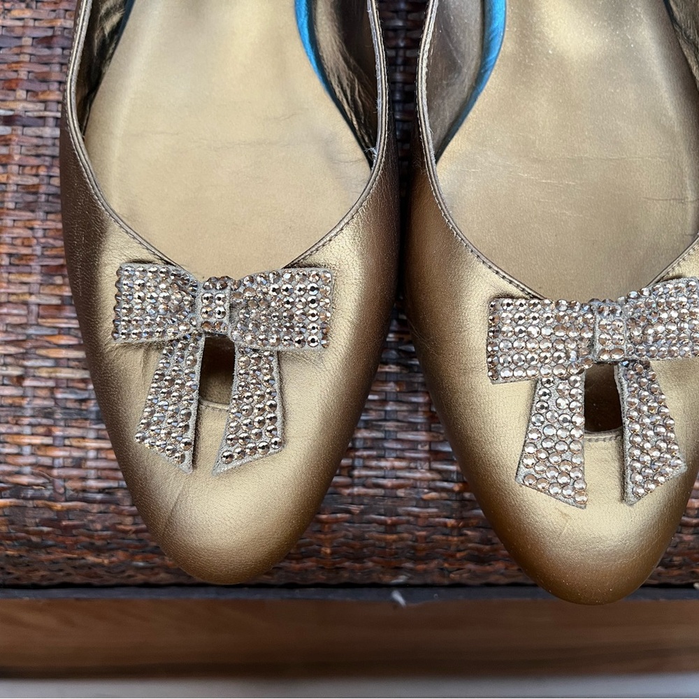 Gold Satin Flats with Rhinestone Bows